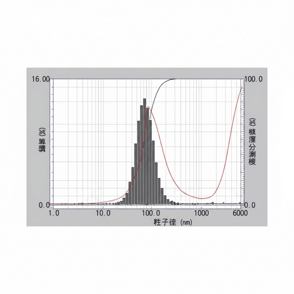 ナノ粒子の粒度分布測定試験結果グラフ(平均粒度72.3nm)